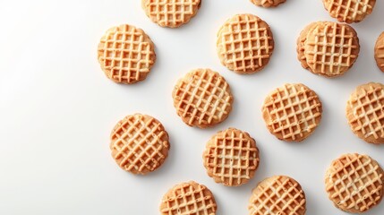 Wall Mural -  A group of waffles sits on a white table, next to a cup of coffee on a separate wooden table