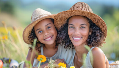 A mother and daughter smile while posing for a photo in a flower field on a sunny day