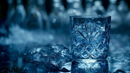 Wall Mural -  A tight shot of a glass on a table, filled with ice cubes in the foreground, and a blurred background of more ice cubes