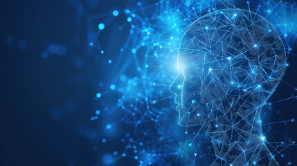 A close-up shot of the human head under the background of blue abstract technology - the concept of artificial intelligence