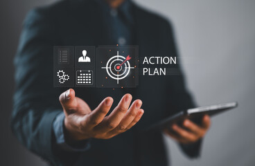 Aufkleber - Action plan concept. Business and marketing, objective, strategy, Plan and implementation. Person holding action plan icon on virtual screen for Strategic, Vision, Planning and Direction.