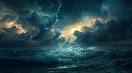 A fierce storm with dark clouds and lightning striking the ocean