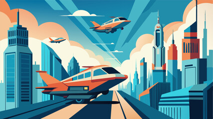 Wall Mural - A symphony of engines hummed as the air taxis zipped through the futuristic skyscraperapers heading towards the ultimate sporting destination.. Vector illustration