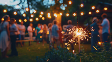 A brightly lit sparkler in the foreground, casting a warm glow, with a festive backyard party in the background. 4th july, memorial. independence