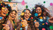 © Khawla - A group of five young women of diverse ethnicities celebrating with joyous laughter, showered in colorful confetti. The sun shines brightly, creating a warm and happy atmosphere