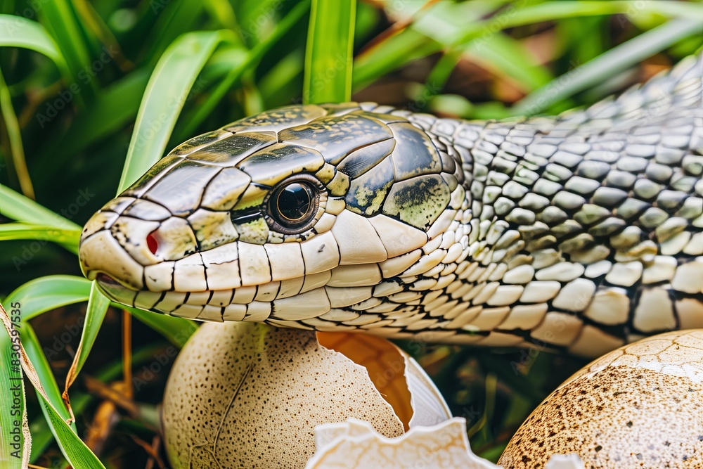 the snake hatches eggs. Snake's nest. Reproduction of snakes in nature ...