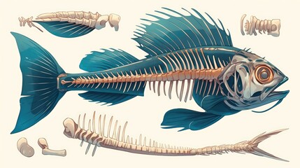 Canvas Print - The skeletal system of fish comprises key components like the vertebral column jaws ribs cranium and intricate intramuscular bones as depicted in a detailed cartoon medical illustration