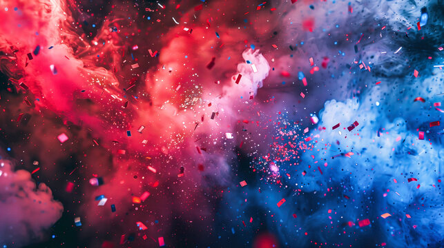 fireworks rockets, red, white, and blue color scheme, confetti and glitter, celebratory mood, festiv