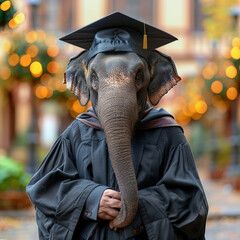 Elephant wearing dark graduation gown graduation hat colorful tassel, background university