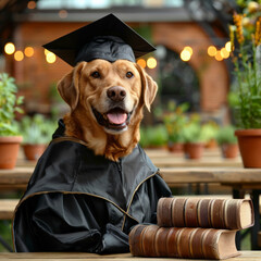 Sticker - Dog graduation cap gown standing outdoors looking happy. Concept education, graduate, leader