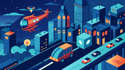 Wall Mural - From above the busy streets look calm and serene as the eVTOLs glide by effortlessly offering a unique and exhilarating way to experience the city at night.. Vector illustration