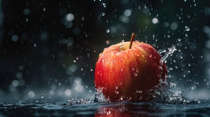 Poster - A fresh apple drops into the water creating splashes and water droplets on it against a dark backdrop