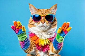 Wall Mural - A cat wearing sunglasses and colorful gloves is posing for a picture