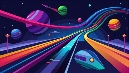 Wall Mural - Multicolored trails of light illuminate the sky tracing the paths of gravitydefying pods as they zoom through the futuristic transport hubs.. Vector illustration