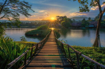 Poster - A wooden bridge over the lake, with lush greenery and trees on both sides.