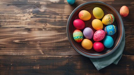 Sticker - Vibrant Easter eggs arranged in a dish on a wooden surface