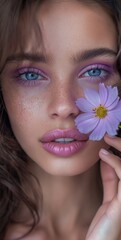 Wall Mural - A close-up of a model with purple eyeshadow and long lashes