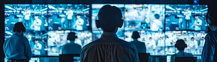 Poster - Security Team Monitoring CCTV Feeds in Control Room for Large Event Teamwork Concept