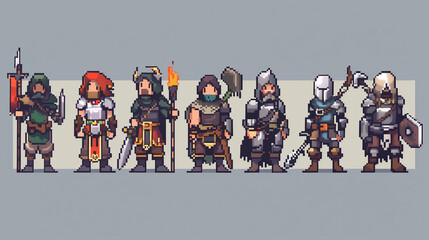 A series of pixel art icons of different character classes, such as warriors, mages, and archers. , pixel art, set of icons, game assets