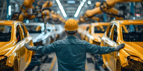 Wall Mural - Engineer overseeing robotoperated car assembly in a busy automotive plant. Concept Robotoperated car assembly, Automotive engineering, Factory automation, Robotics in manufacturing