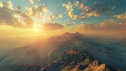 Wall Mural - Euphoric Elevation: Create a landscape of soaring peaks, dramatic cliffs, and expansive vistas bathed in golden light, capturing the exhilarating sensation of reaching new heights.