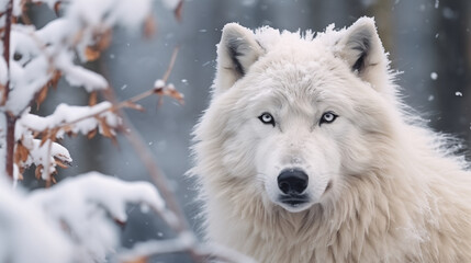 Portrait of white wolf in the winter season background, Photo shot, Wildlife concept