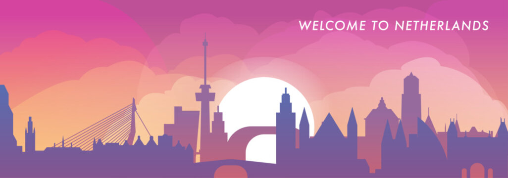 Welcome to Netherlands skyline with cities panorama, gradient vector banner. Colorful Amsterdam, Rotterdam, Utrecht, Eindhoven, The Hague silhouette for footer, steamer, header, horizontal graphic