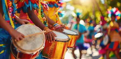 Close up of children's hands playing drum in the parade, wearing colorful costumes at Carnival party with blurred people dancing samba in the background