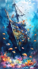 Wall Mural - Vibrant Watercolor Underwater Shipwreck Scene with Marine Life