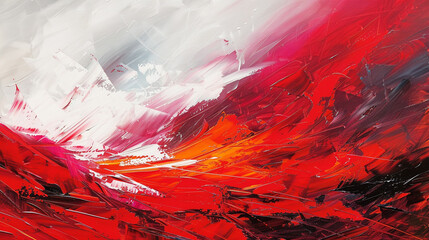 Wall Mural - Abstract oil landscape with bold red and white strokes, creating a dynamic and vivid scene,