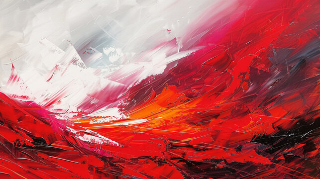 Abstract oil landscape with bold red and white strokes, creating a dynamic and vivid scene,