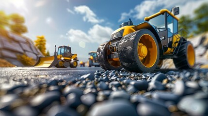 Poster - A convoy of powerful construction vehicles drives down a road lined with road rollers, bulldozers, and asphalt pavers, showcasing their strength and efficiency. Generative AI