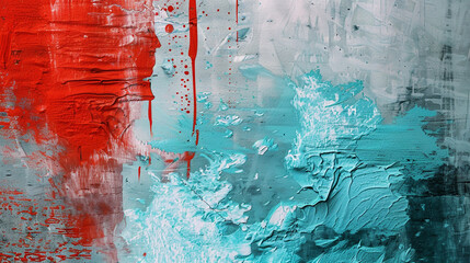 Wall Mural - Abstract canvas art with bold smears of bright red and icy blue,