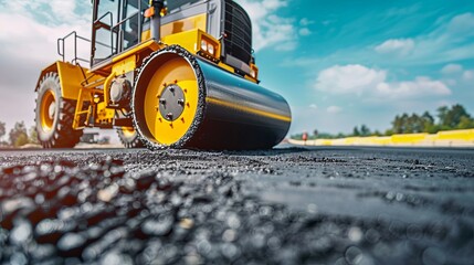 Poster - A majestic yellow bulldozer powers down the road, its massive form dominating the landscape as it paves the way for progress. Generative AI