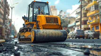 Aufkleber - A bright yellow bulldozer makes its way down a busy city street, disrupting the urban landscape with its heavy-duty machinery. Generative AI