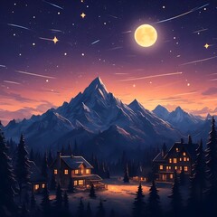 Wall Mural - two wooden houses are in the snowy mountains at night with a full moon