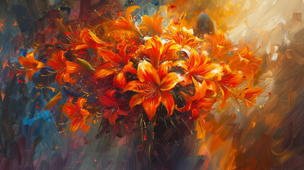 Wall Mural - Figure with a bouquet of orange lilies in abstract oil art, using bright and fiery tones for a striking effect,