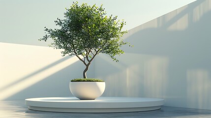 A bonsai tree in a white planter sits on a white pedestal in a white room.
