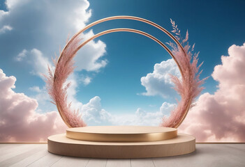 Poster - Natural beauty podium backdrop for product display with dreamy sky background. Romantic 3d scene