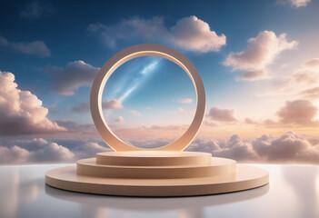 Poster - Natural beauty podium backdrop for product display with dreamy sky background. Romantic 3d scene
