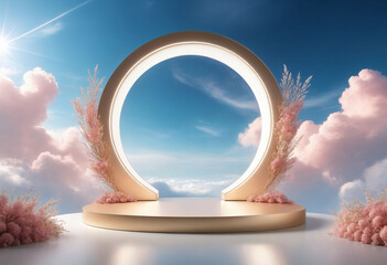 Poster - Natural beauty podium backdrop for product display with dreamy sky background. Romantic 3d scene