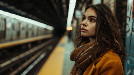 Wall Mural - A candid image of a beautiful young woman waiting for the subway train, her posture relaxed as she looks down the tracks.