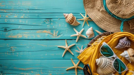 Poster - Women s Beach Accessories on a Blue and Yellow Wooden Background Travel Theme Items Include Shells Sunglasses and a Handbag