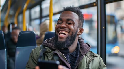 Wall Mural - A candid photo of a handsome young man laughing at something on his smartphone screen while on the bus.