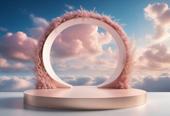 Poster - Natural beauty podium backdrop for product display with dreamy sky background. Romantic 3d scene
