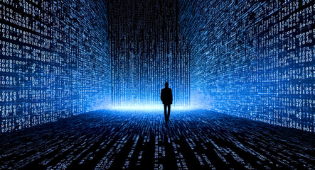 Poster - human in digital world, internet and technology, artificial intelligence theme, data stream, coding and virtual world, cybernetic interaction, age of AI, machine learning and big data analysis