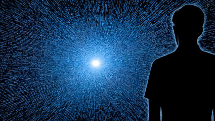 Poster - Silhouette of person standing amidst glowing blue digital data streams. Represents technology, cybersecurity, information flow. Radiant lines of binary code illuminate figure in dark setting