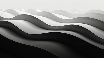 Wall Mural - A modern 3D horizontal wavy texture background with layers of waves in a sleek black and white gradient, creating a visually striking and elegant design,