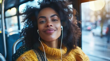 Wall Mural - A close-up of a trendy young woman's face wearing earphones, her expression blissful as she listens to music on the bus. 