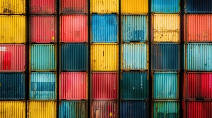 Wall Mural - A close-up of colorful containers stacked high in a industrial port, symbolizing the global flow of trade and commerce.